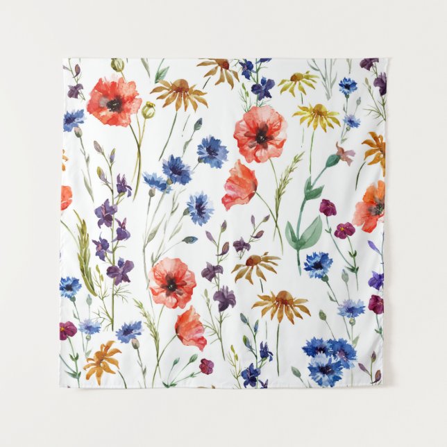 Tapete De Parede Lindas flores silvestres, aquarela, papoila, giras (Frente)