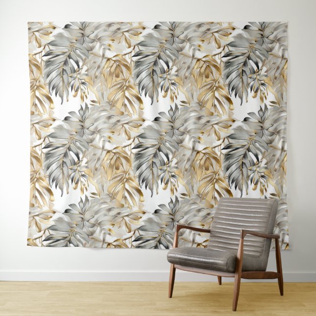 Tapete De Parede Lindas Folhas Douradas de Prata (In Situ (Horizontal))