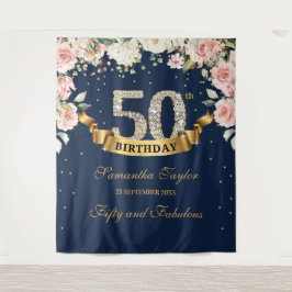 Tapete De Parede Lindo boho azul marinho e floral rosa bege de aniv