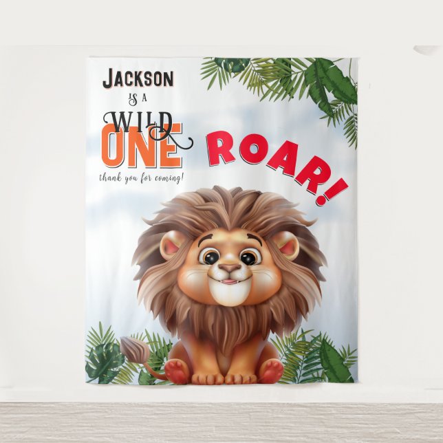 Tapete De Parede Lion Safari Wild Um Fundo De Aniversário de crianç (Frente)