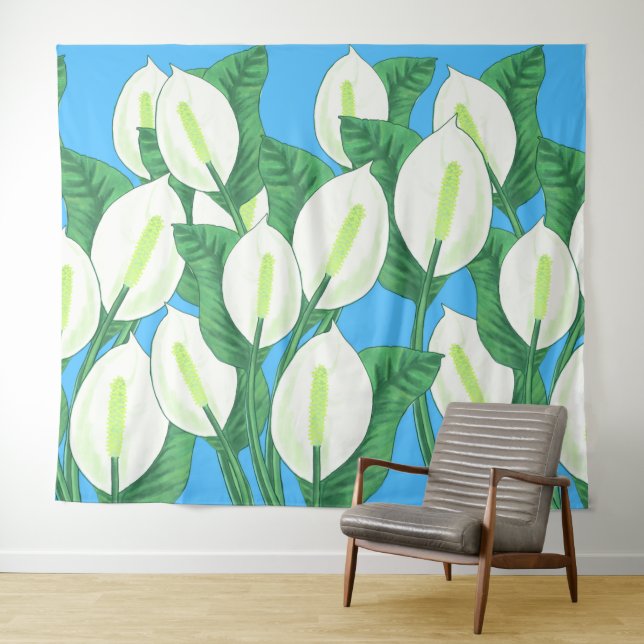 Tapete De Parede Lírios de paz brancos em tecido azul claro (In Situ (Horizontal))