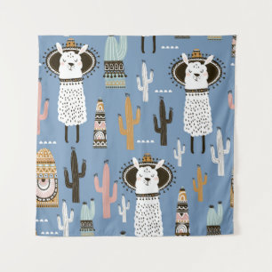 Tapete De Parede Llama, Cactus, Padrão De Elementos Desenhados À Mã