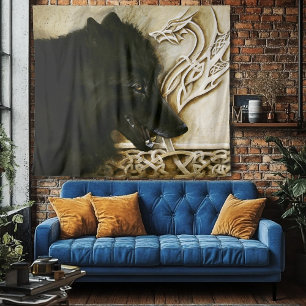 Tapete De Parede Lobo Negro Entrelaçamento Celta de Dragão Fantasia