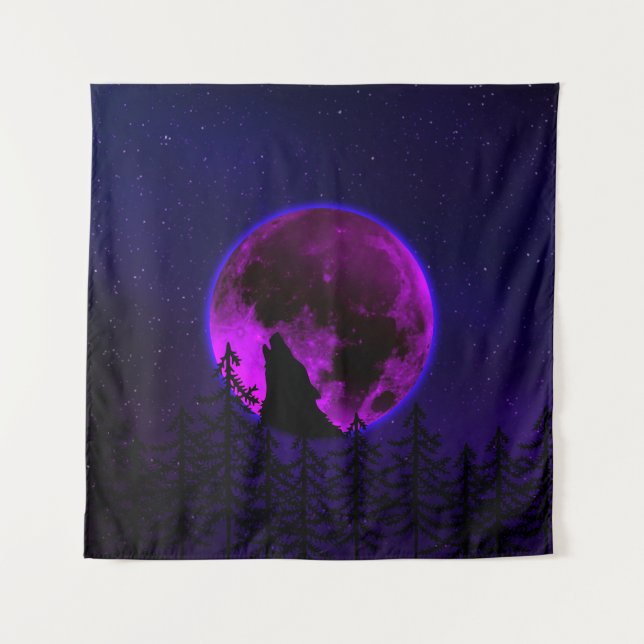 TAPETE DE PAREDE LOBO UIVANDO LUA MAGENTA   (Frente)