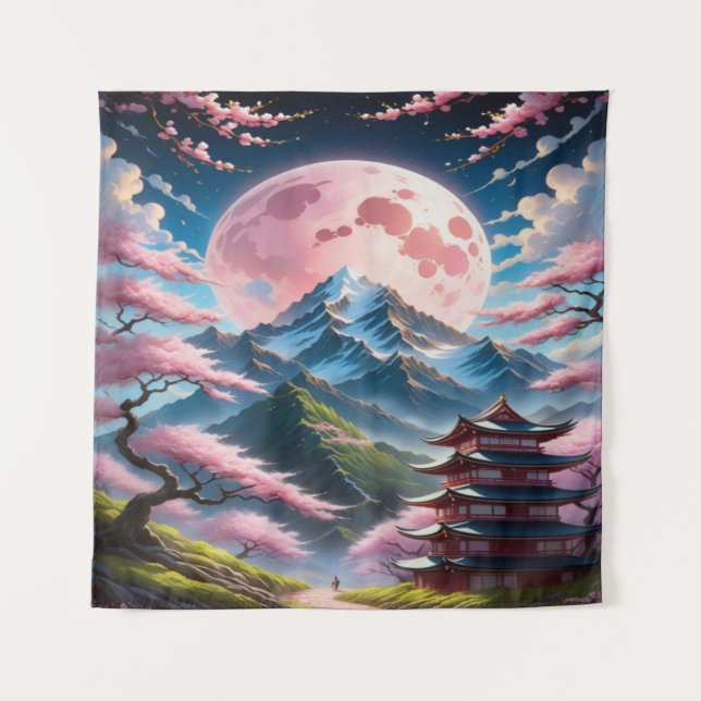 Tapete De Parede Lua Rosa & Pagode de Cerejeira: Anime Intrincado (Frente)