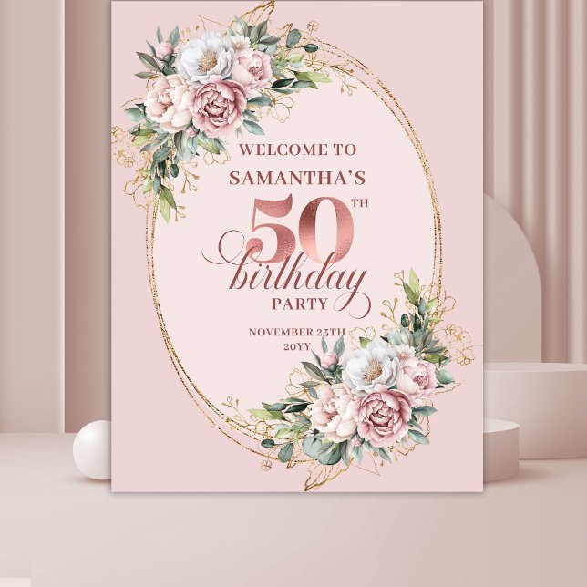 Tapete De Parede Luxe Rose Gold Botanical 50th Birthday Party Banne (Luxe Rose Gold Botanical 50th Birthday Party Banner)