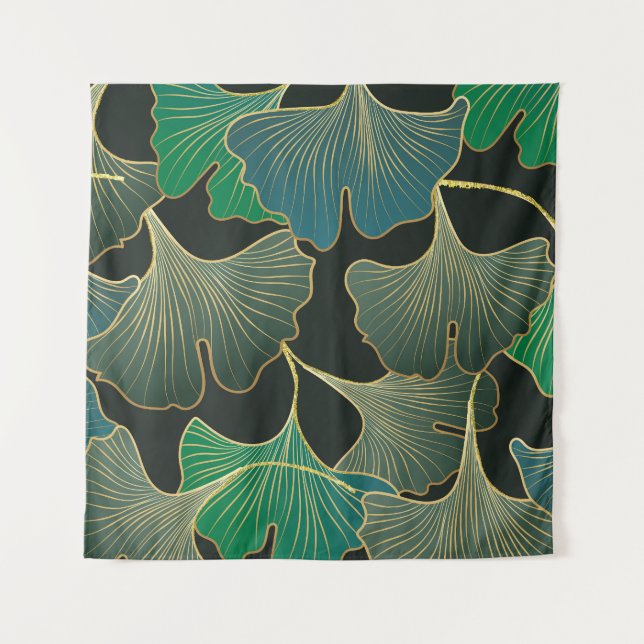 Tapete De Parede Luxuoso Ginkgo dourado, arte retrô. (Frente)