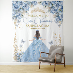 Tapete De Parede Luxuoso Vestido Azul Bebê Dourado Quinceanera Boas