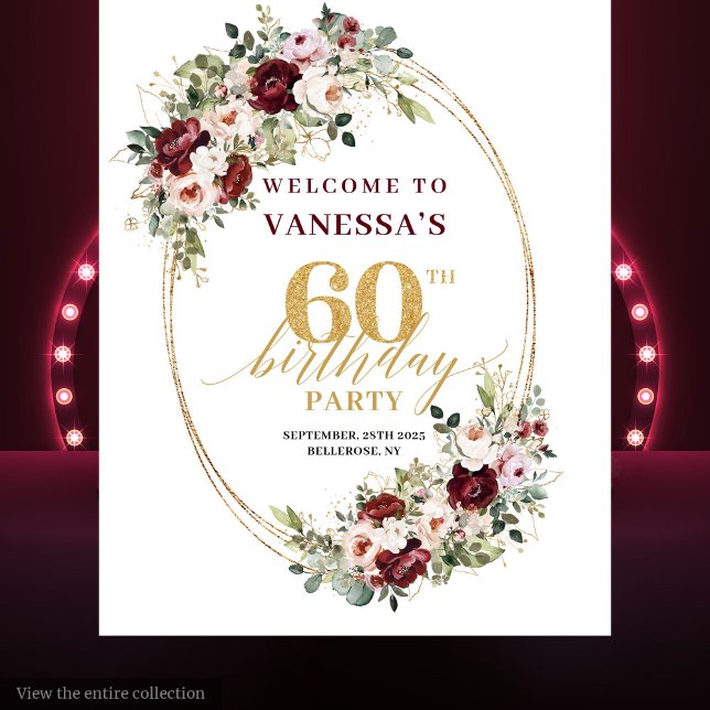 Tapete De Parede Luxury Burgundy Gold Floral 60th Birthday Banner (Luxury Burgundy Gold Floral 60th Birthday Banner)