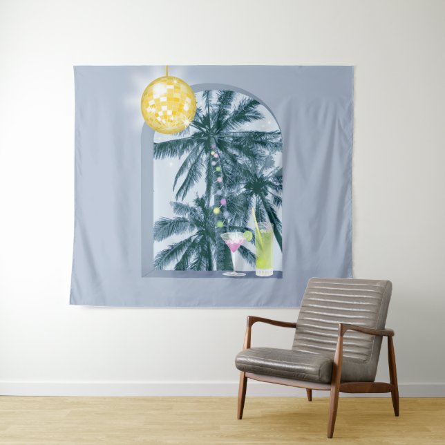 Tapete De Parede Luzes do Partido Cocktails Palmas de Disco em Azul (In Situ (Horizontal))