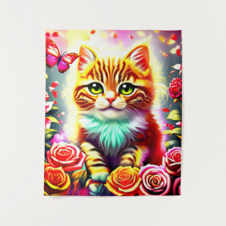 Tapete De Parede "Magical Tabby Cat with Roses and Butterfly Art Pr