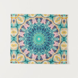 Tapete De Parede Mandala amarela-laranja, menta e rosa.