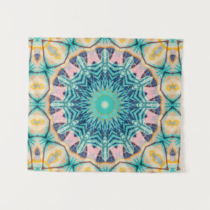 Tapete De Parede Mandala amarela-laranja, menta e rosa.