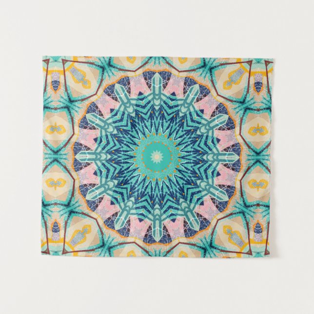 Tapete De Parede Mandala amarela-laranja, menta e rosa. (Frente (Horizontal))