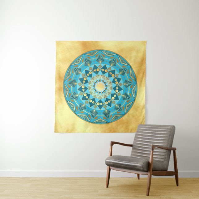 Tapete De Parede Mandala azul dourado em Fundo de Ouro Macio (In Situ)