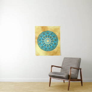 Tapete De Parede Mandala azul dourado em Fundo de Ouro Macio