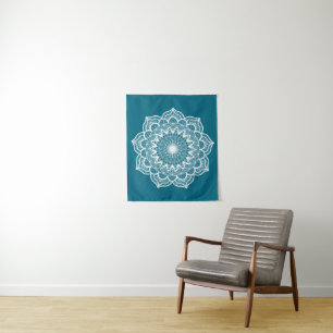 Tapete De Parede Mandala Branco em Fundo Azul