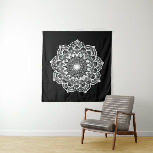 Tapete De Parede Mandala Branco em Fundo Preto