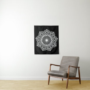 Tapete De Parede Mandala Branco em Fundo Preto