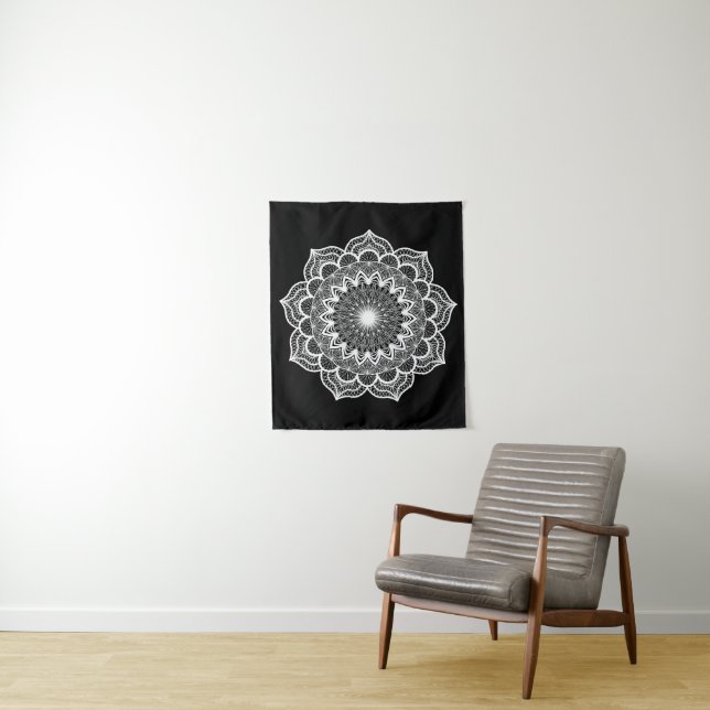 Tapete De Parede Mandala Branco em Fundo Preto (In Situ)