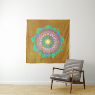 Tapete De Parede Mandala Colorido em Fundo Dourado Quadrado