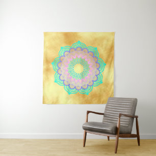 Tapete De Parede Mandala Colorido em Fundo Dourado Suave Quadrado