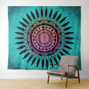 Tapete De Parede Mandala de Flor Zen Azul e Rosa