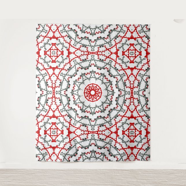 Tapete De Parede Mandala em branco, vermelho e khaki. (Frente)