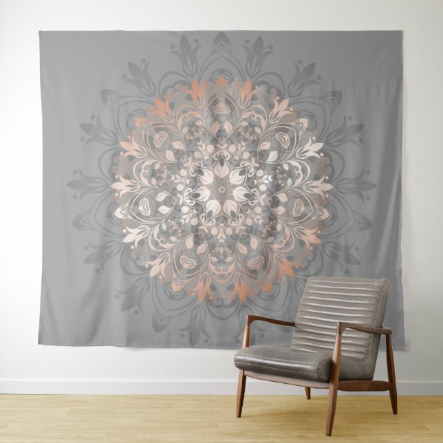 Tapete De Parede Mandala Floral Cinza Dourado Rosa (In Situ (Horizontal))