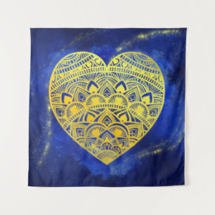 Tapete De Parede Mandala Heart Luminous Dourado e Azul