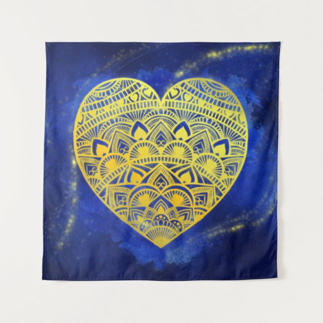 Tapete De Parede Mandala Heart Luminous Dourado e Azul (Frente)