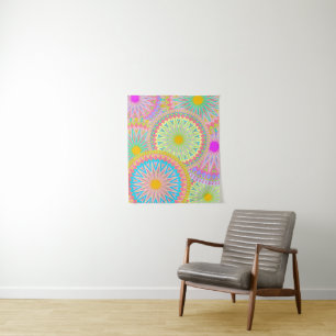 Tapete De Parede Mandala Sobreposta Rosa Azul Amarelo Verde-Menta R