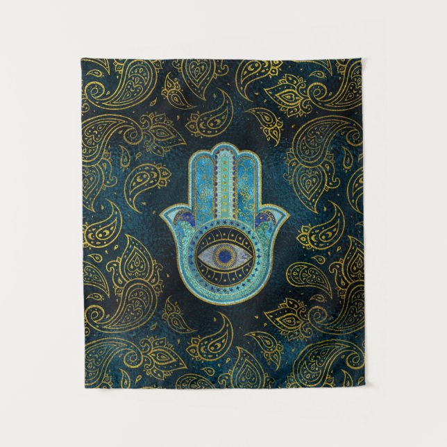 Tapete De Parede Mão decorativa de Hamsa com fundo de paisley (Frente)