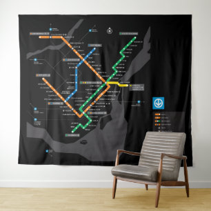 Tapete De Parede Mapa do Metrô de Montreal STM Fundo Preto HD