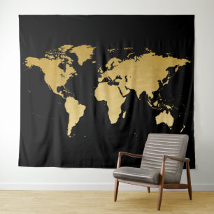 Tapete De Parede Mapa Mundial Globo Detalhado Preto Dourado Fundo d