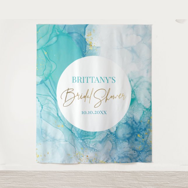 Tapete De Parede Marble blue mint bridal shower modern backdrop (Frente)