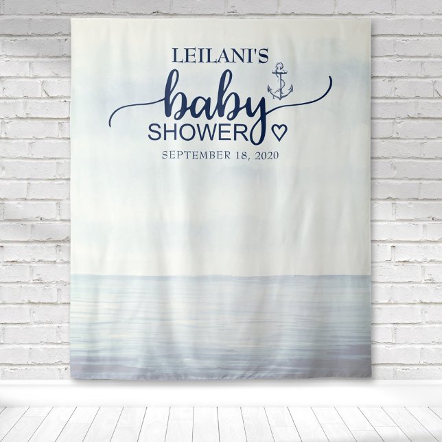 Tapete De Parede Marinha Oceânica Naval (Watercolor ocean background with an anchor & baby shower typography for a nautical inspired backdrop)