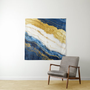 Tapete De Parede Marinho Luxurioso Azul e Dourado Mármaco Folha