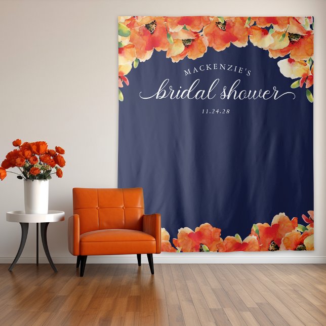 Tapete De Parede Marinho Ouro azul Chá de panela  (Navy Blue Golden Poppy Bridal Shower Backdrop)