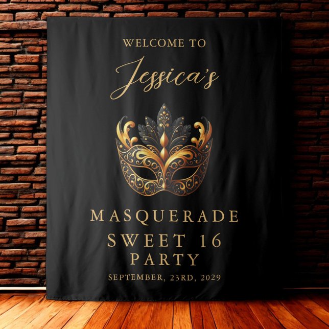 Tapete De Parede Masquerade Black Gold Sweet 16 Birthday Welcome (Criador carregado)