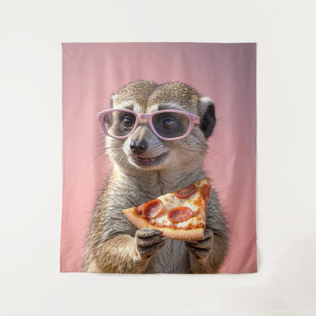 Tapete De Parede Meerkat bonito com óculos e pizza (Frente)