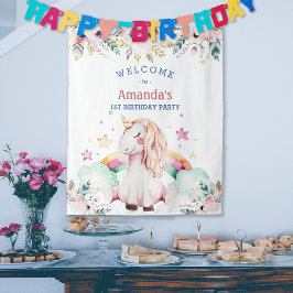 Tapete De Parede Menina Arco-Íris Flor Unicórnio Aniversário Bem-vi