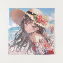 Menina de anime bonita na praia