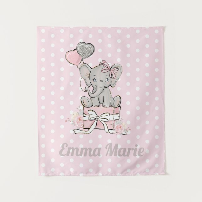 Tapete De Parede Menina Elefante Rosa Silver Balões Nome (Frente)
