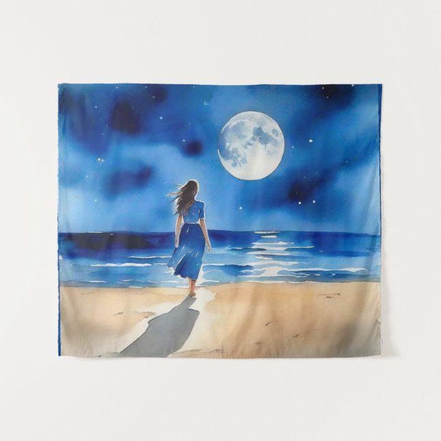 Tapete De Parede Menina na praia debaixo de uma lua cheia (Frente (Horizontal))