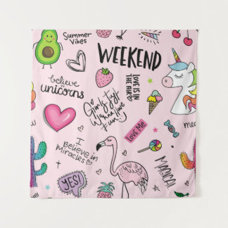 Tapete De Parede Meninas divertem conceito com unicórnio, flamingo,
