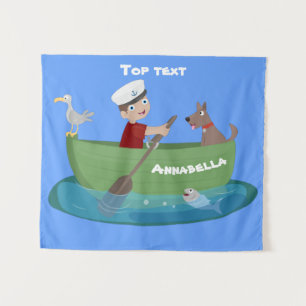 Tapete De Parede Menino marinheiro fofo e cachorro remando barco de