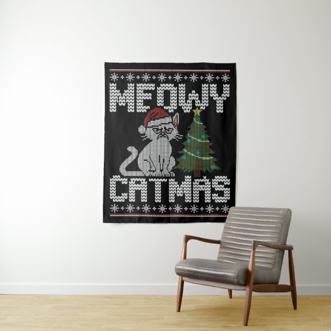 Tapete De Parede Meowy Catmas Knitted Cat Tapestry (In Situ)