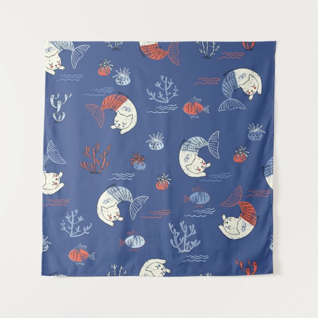 Tapete De Parede Mermaid de gato, padrão sem costura texturizado. (Frente)