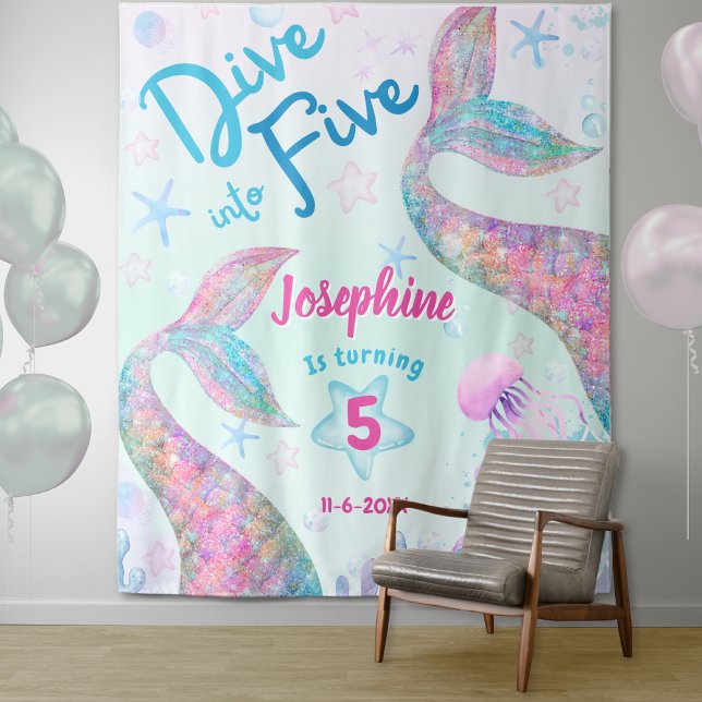 Tapete De Parede Mermaid dive into five 5th birthday welcome large (Criador carregado)